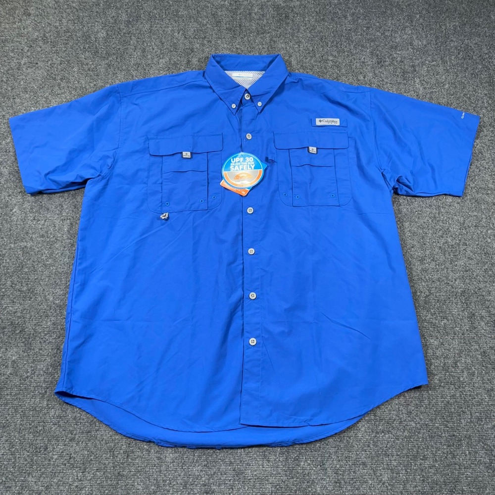 NWT Columbia Bahama II S/S Shirt Men Large PFG Fishing UPF 30 Blue Vented Loose